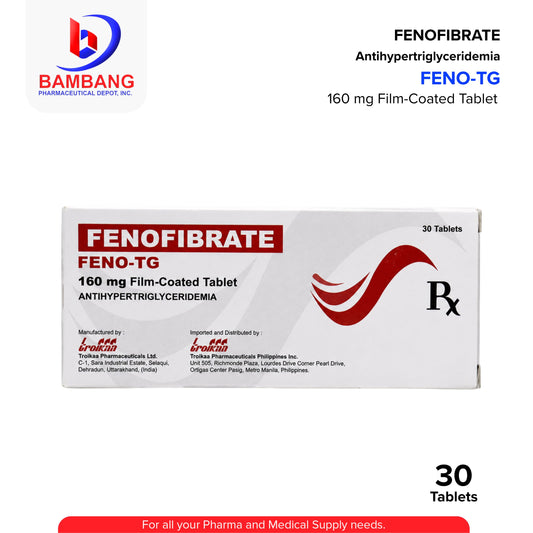 Box of Fenofibrate tablets with Bambang Pharmaceutical Depot, Inc. logo on a white background