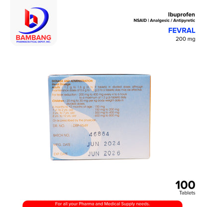 FEVRAL Ibuprofen Non Steroidal Anti Inflammatory Drug NSAID Analgesic / Antipyretic 200mg Tablet 100's