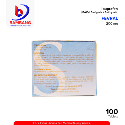 FEVRAL Ibuprofen Non Steroidal Anti Inflammatory Drug NSAID Analgesic / Antipyretic 200mg Tablet 100's