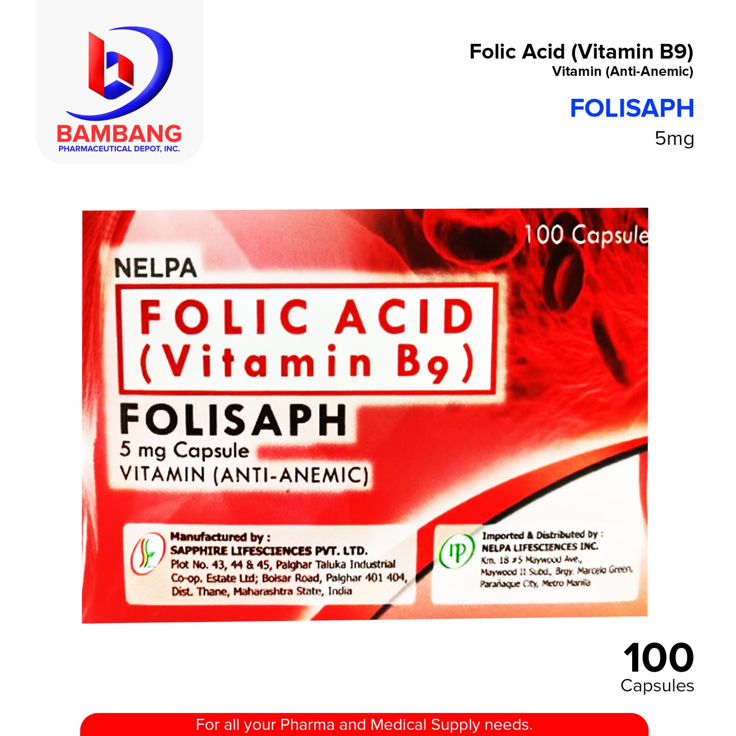 FOLISAPH Folic Acid 5mg Vitamin Capsule 100's
