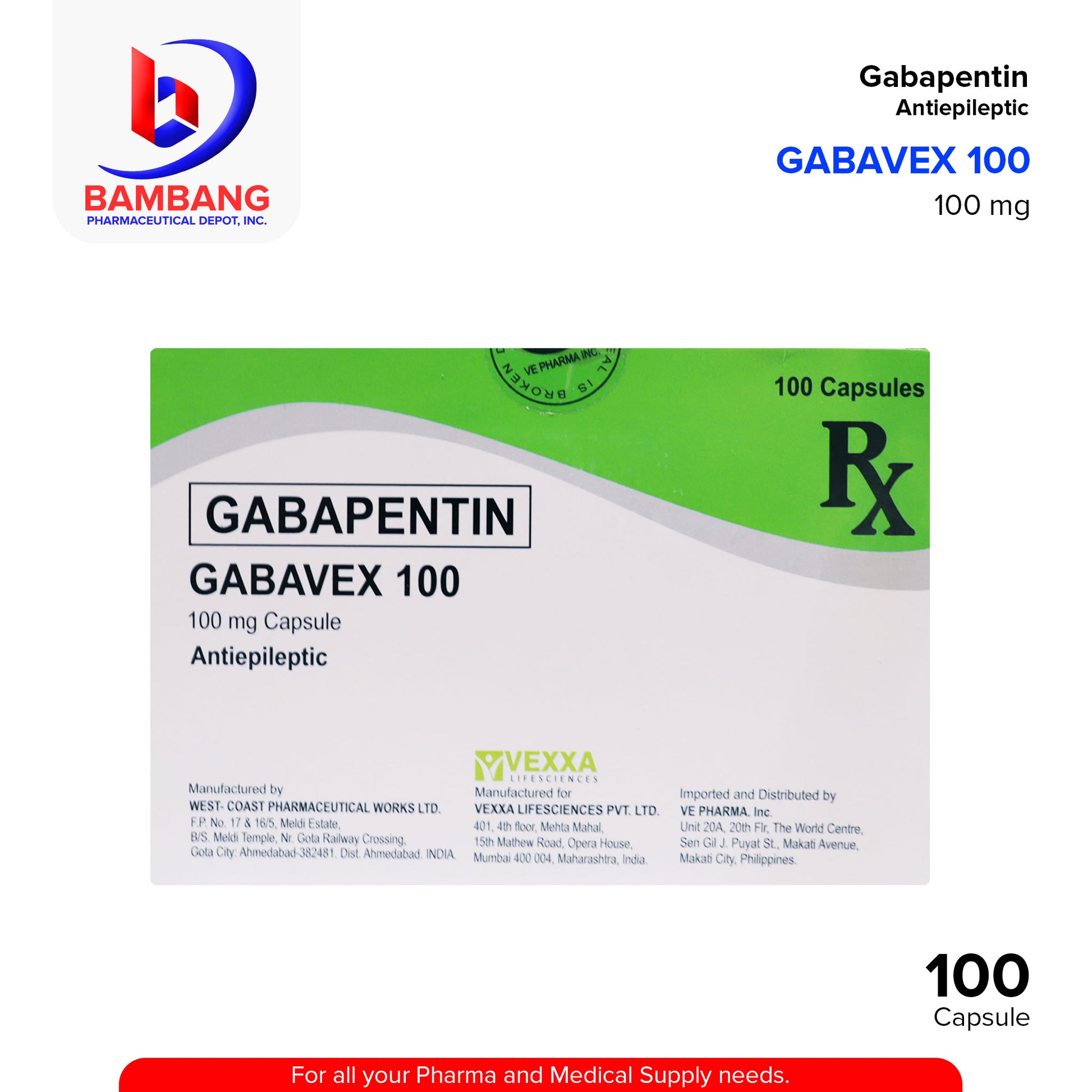 GABAVEX 100 Gabapentin Antiepileptic 100mg Capsule 100's