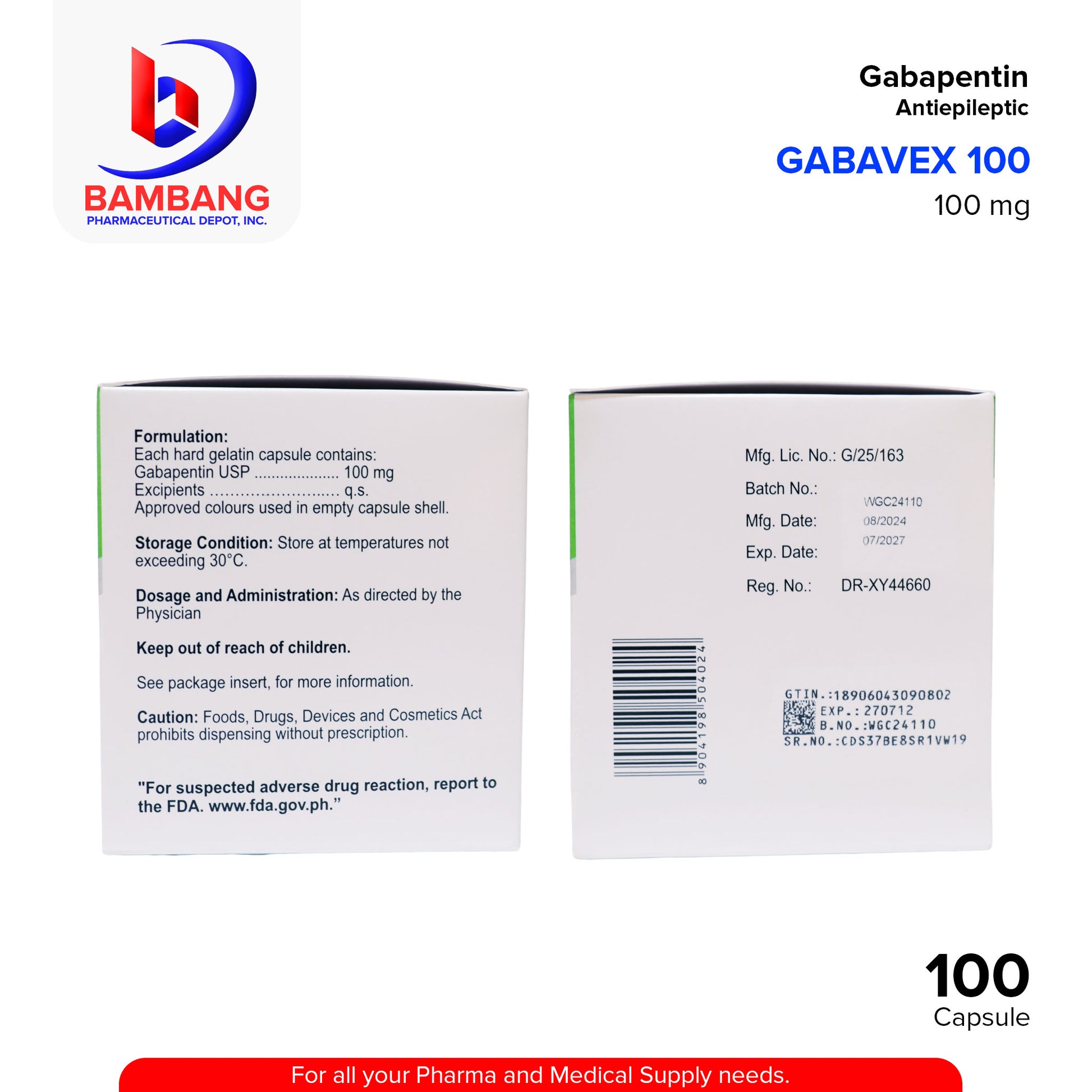 GABAVEX 100 Gabapentin Antiepileptic 100mg Capsule 100's