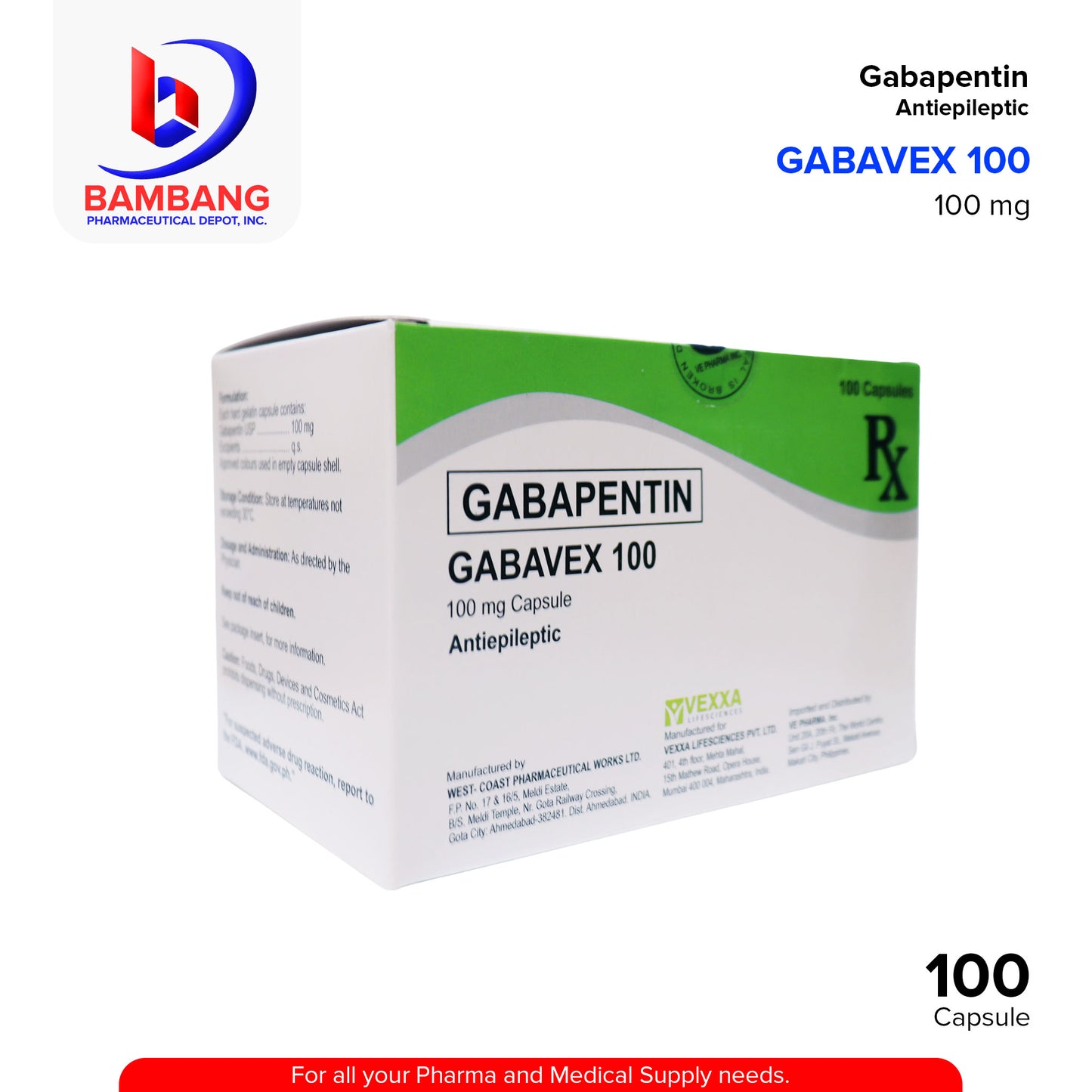 GABAVEX 100 Gabapentin Antiepileptic 100mg Capsule 100's
