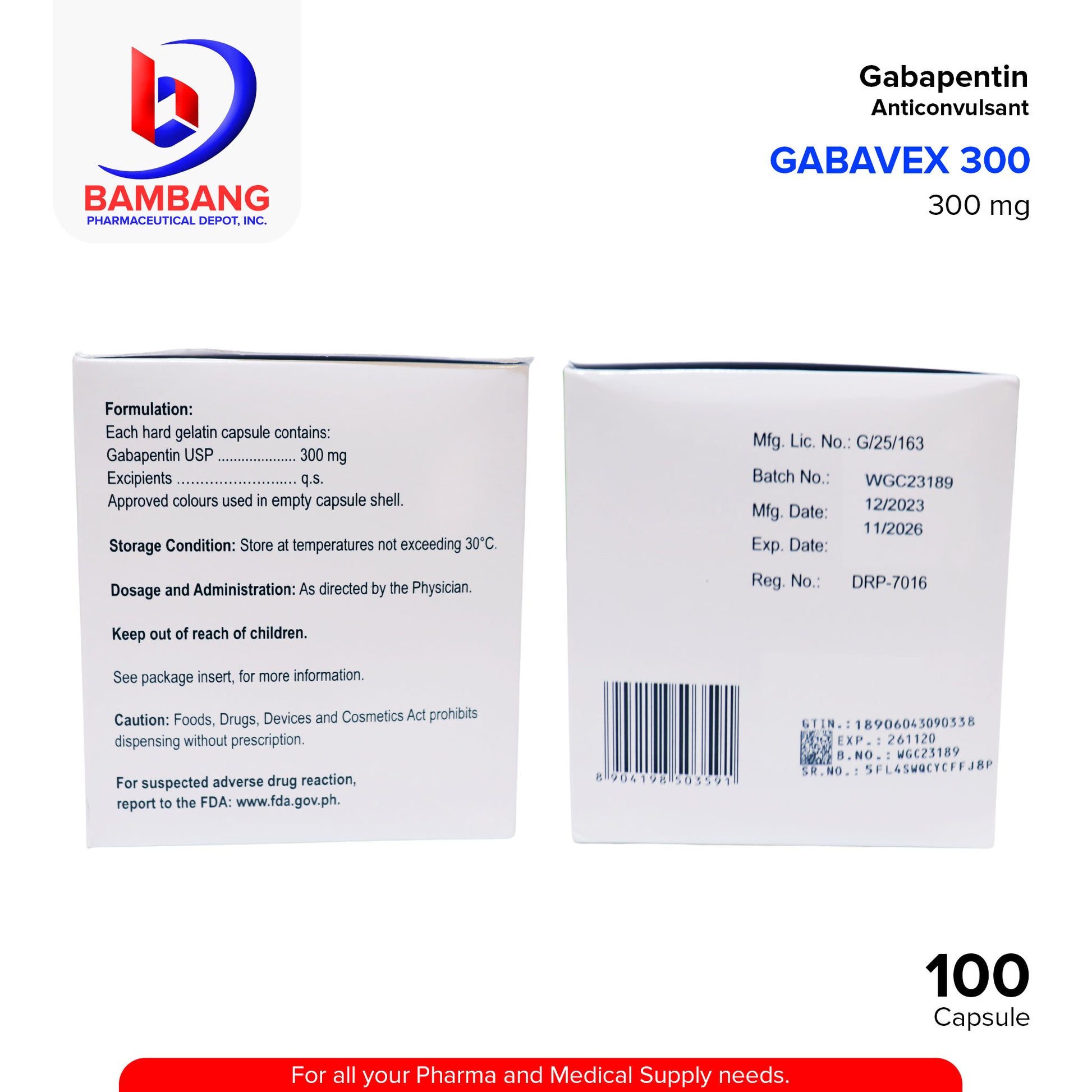 GABAVEX 300 Gabapentin Anticonvulsant 300mg Capsule 100's