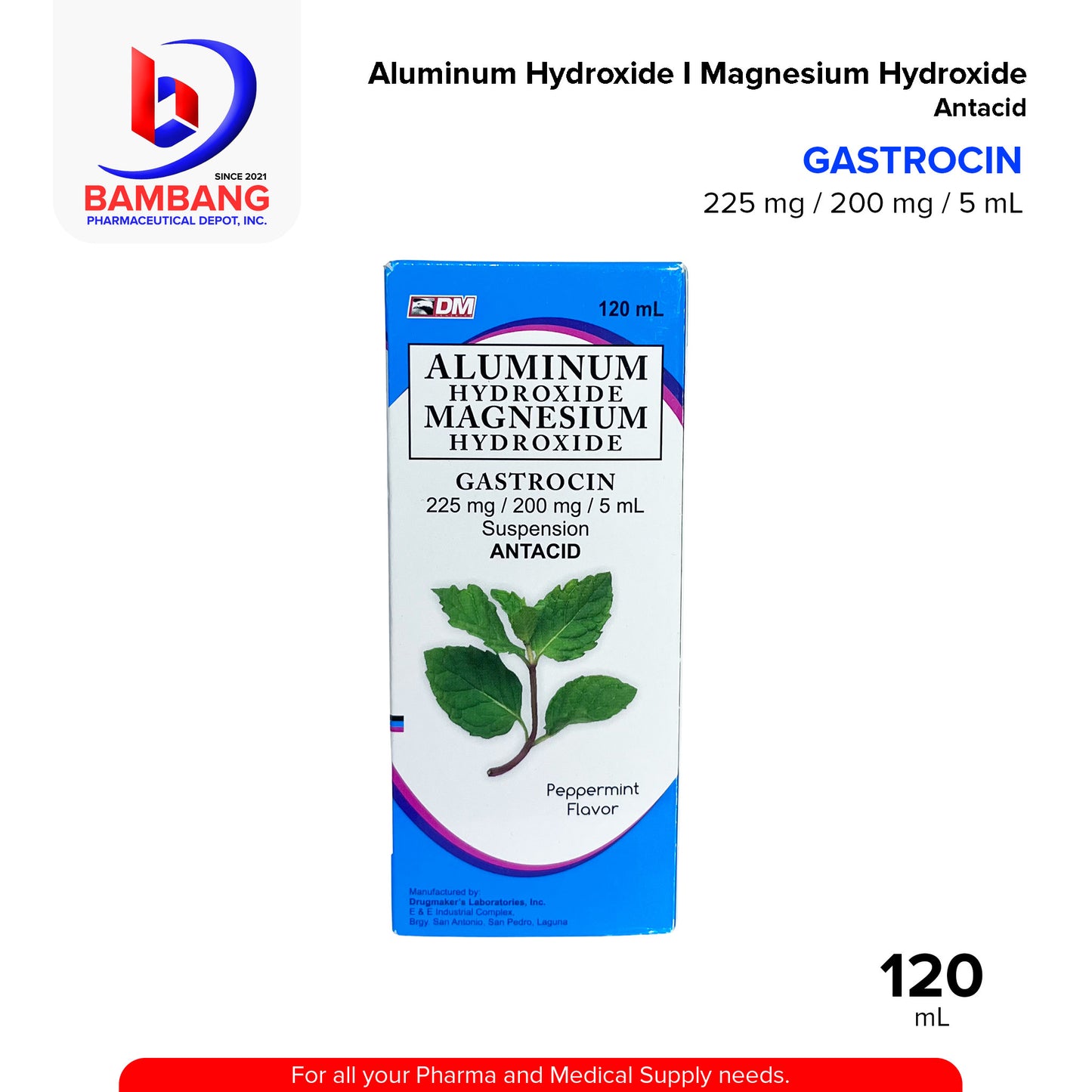 GASTROCIN Aluminum Hydroxide Magnesium Hydroxide Suspension Antacid 225 mg / 200mg / 5 mL Peppermint Flavor 120mL