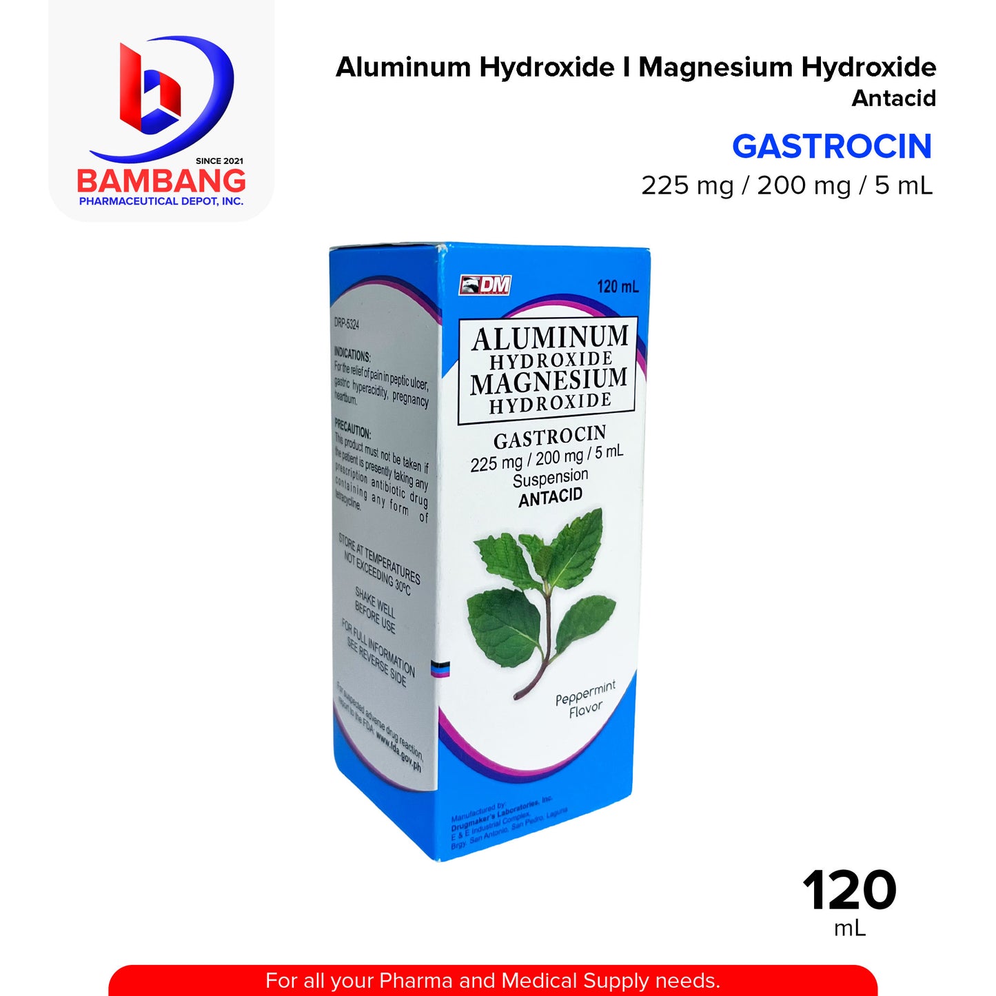 GASTROCIN Aluminum Hydroxide Magnesium Hydroxide Suspension Antacid 225 mg / 200mg / 5 mL Peppermint Flavor 120mL