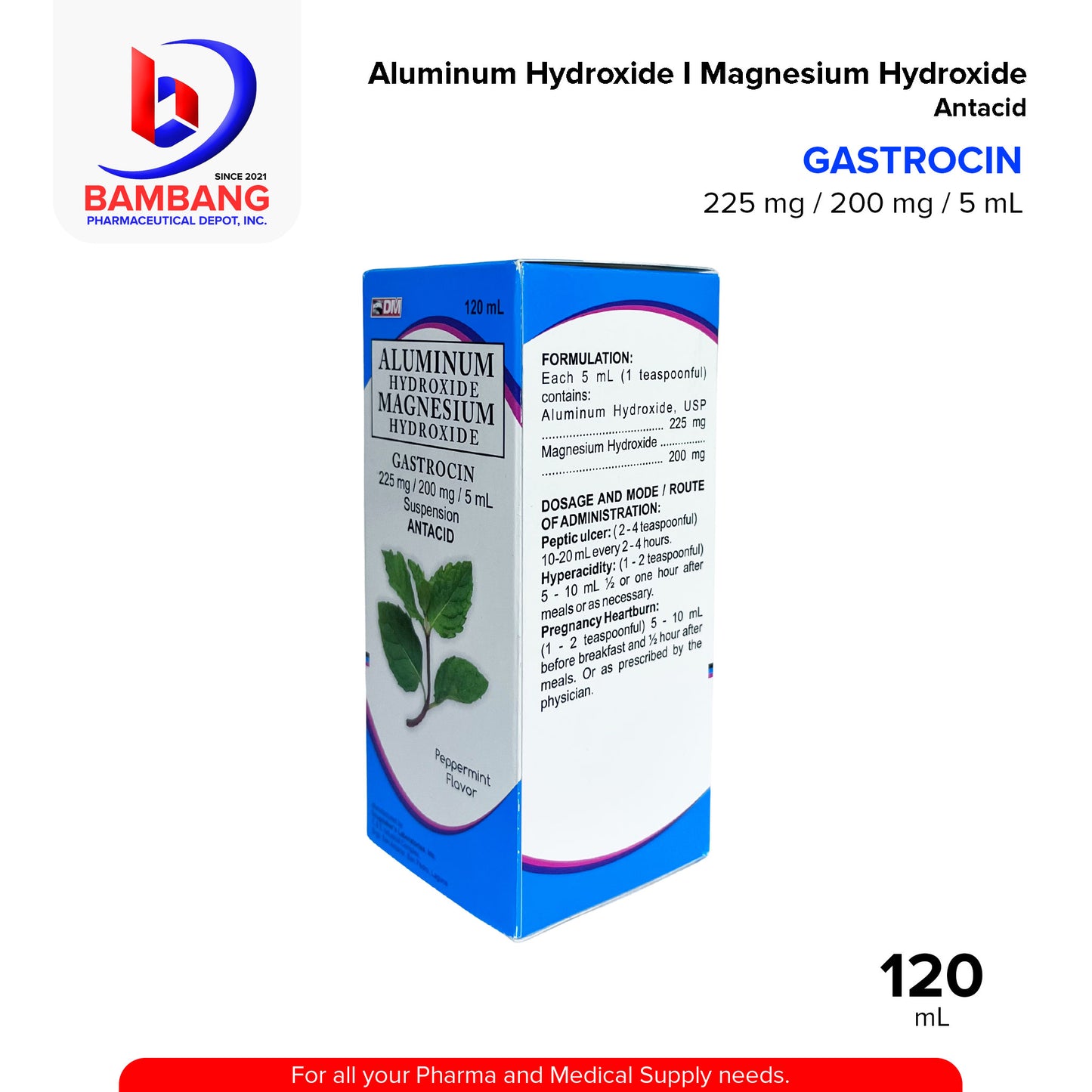 GASTROCIN Aluminum Hydroxide Magnesium Hydroxide Suspension Antacid 225 mg / 200mg / 5 mL Peppermint Flavor 120mL