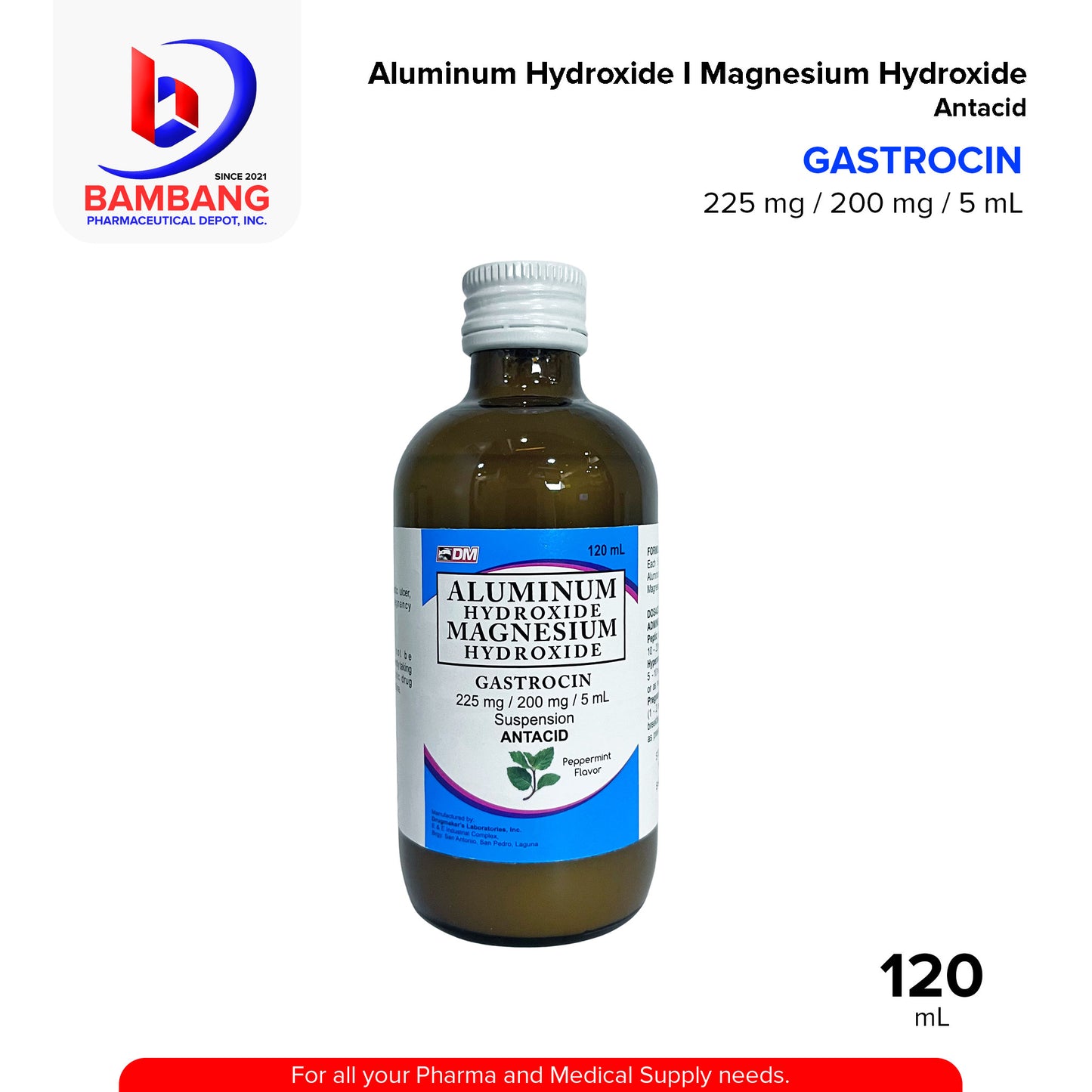 GASTROCIN Aluminum Hydroxide Magnesium Hydroxide Suspension Antacid 225 mg / 200mg / 5 mL Peppermint Flavor 120mL