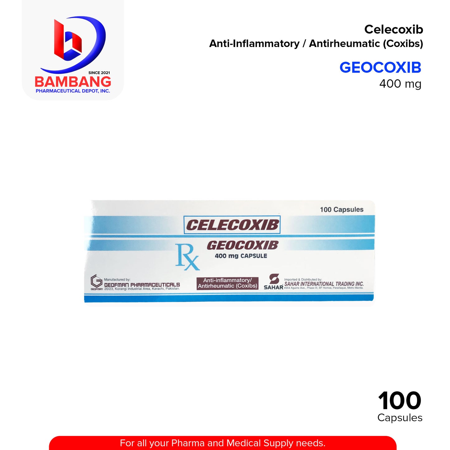 GEOCOXIB Celecoxib Anti Inflammatory Antirheumatic (Coxibs) 400 mg Capsules 100's
