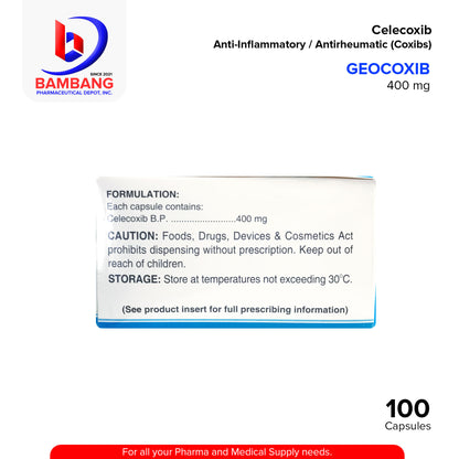 GEOCOXIB Celecoxib Anti Inflammatory Antirheumatic (Coxibs) 400 mg Capsules 100's