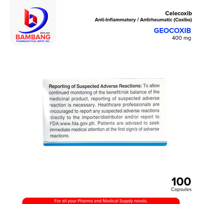 GEOCOXIB Celecoxib Anti Inflammatory Antirheumatic (Coxibs) 400 mg Capsules 100's