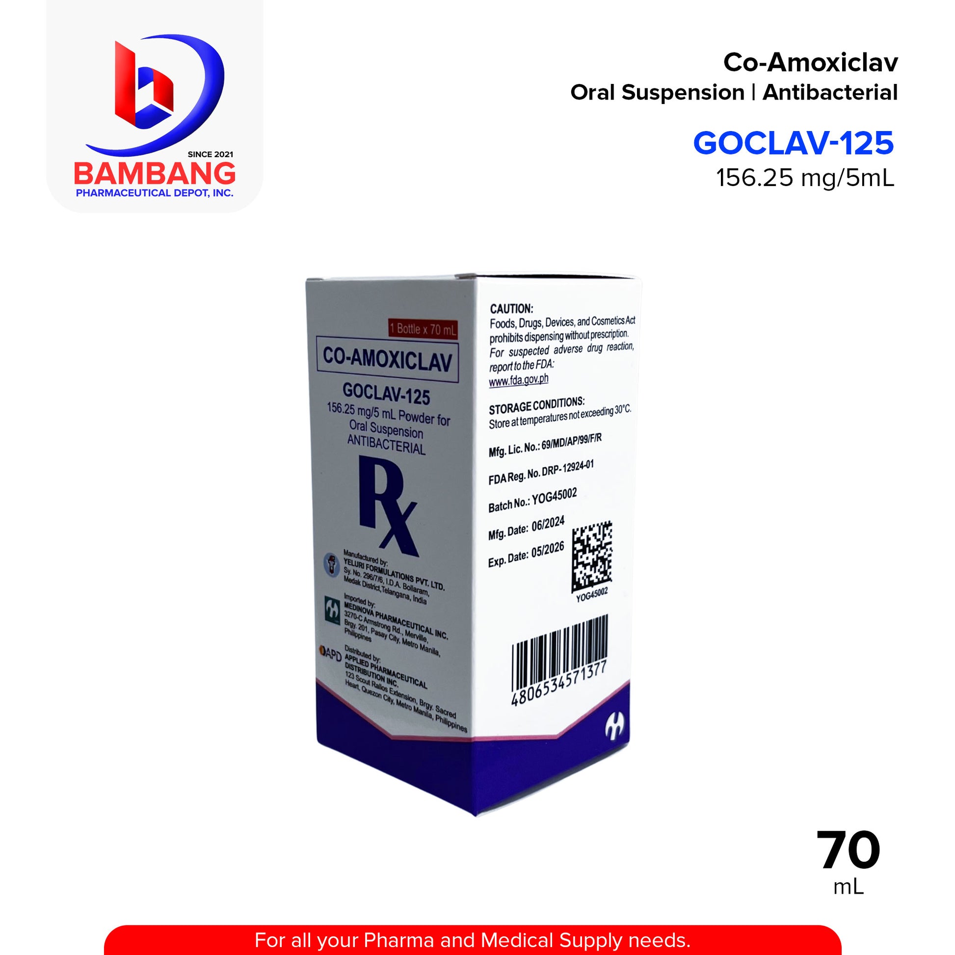 GOCLAV-125 Co-Amoxiclav Powder for Oral Suspension Antibacterial 156.25 mg / 5 mL 70mL Bottle 1's