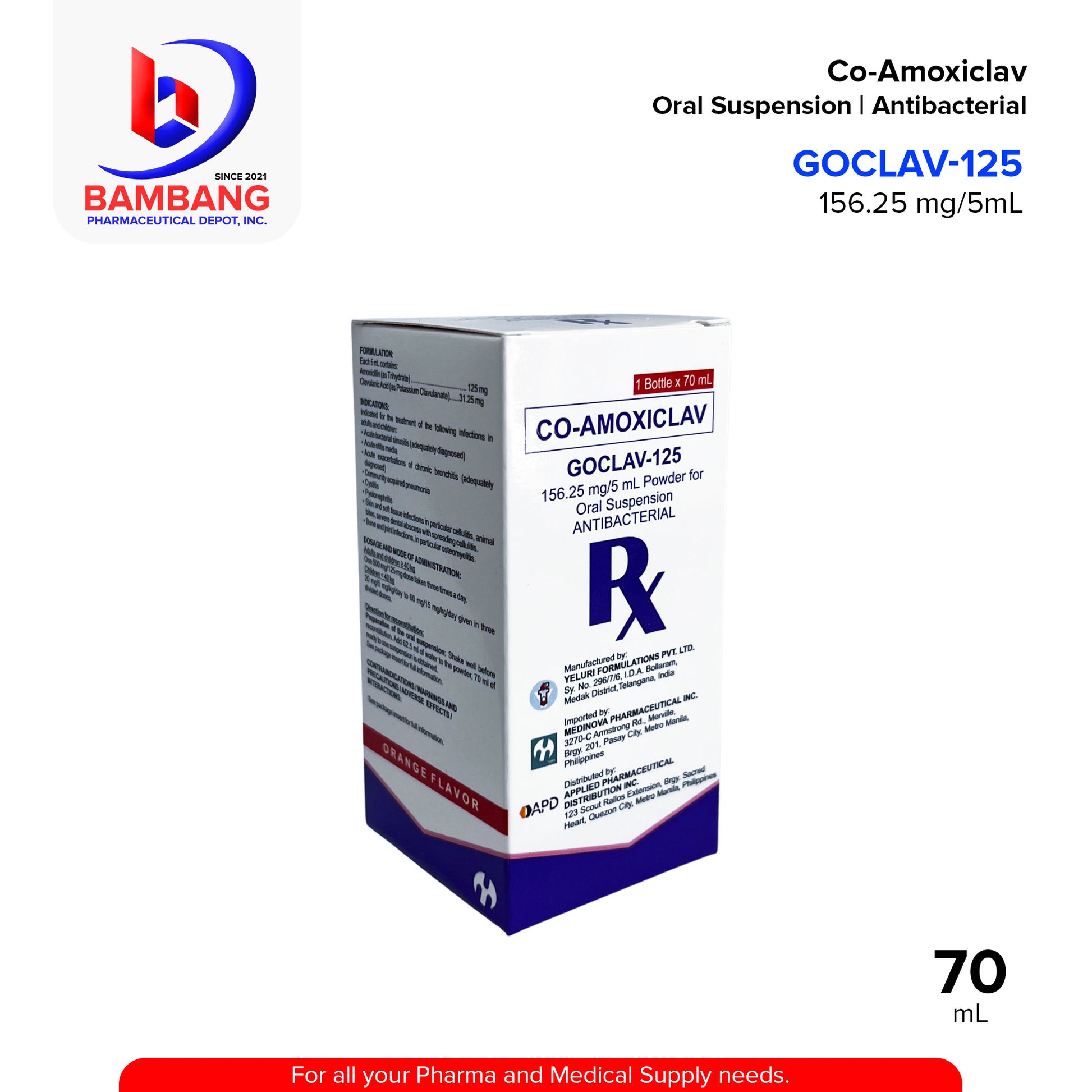 GOCLAV-125 Co-Amoxiclav Powder for Oral Suspension Antibacterial 156.25 mg / 5 mL 70mL Bottle 1's