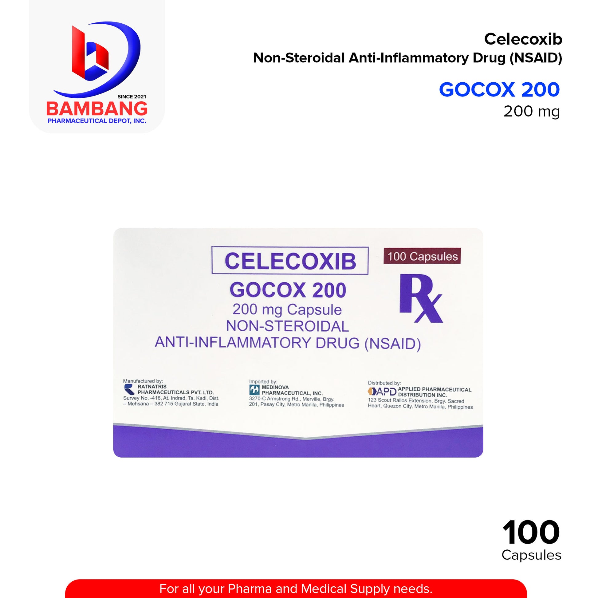 GOCOX 200 Celecoxib 200 mg Non Steroidal Anti Inflammatory Drug NSAID Capsule 100's