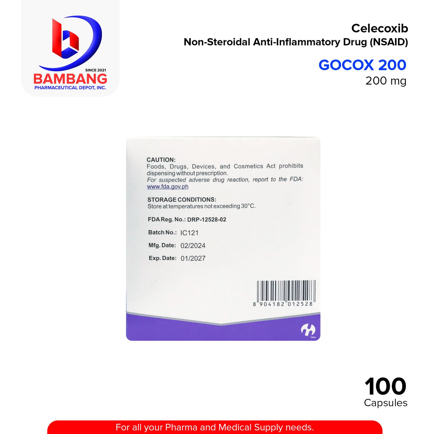GOCOX 200 Celecoxib 200 mg Non Steroidal Anti Inflammatory Drug NSAID Capsule 100's