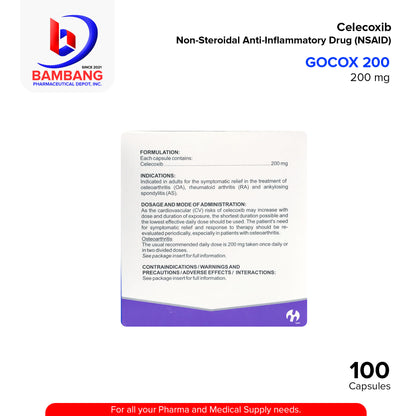 GOCOX 200 Celecoxib 200 mg Non Steroidal Anti Inflammatory Drug NSAID Capsule 100's