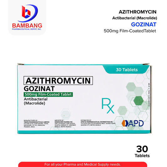 Box of Azithromycin Gozinat tablets with Bambang Pharmaceutical Depot Inc. branding on a white background.