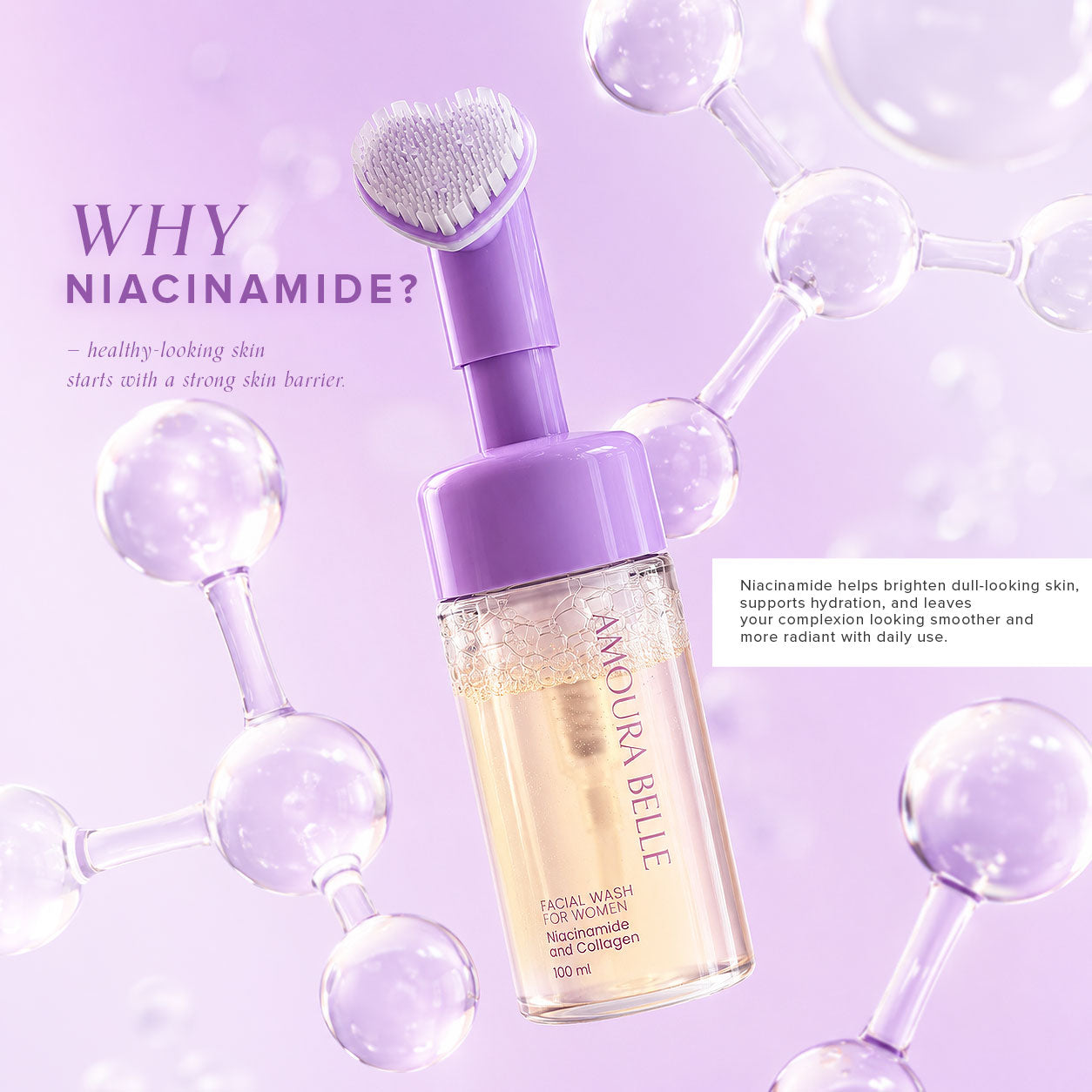 AMOURA BELLE Niacinamide & Collagen Facial Wash for Women 100ml – Gentle Hydrating Brightening Clean