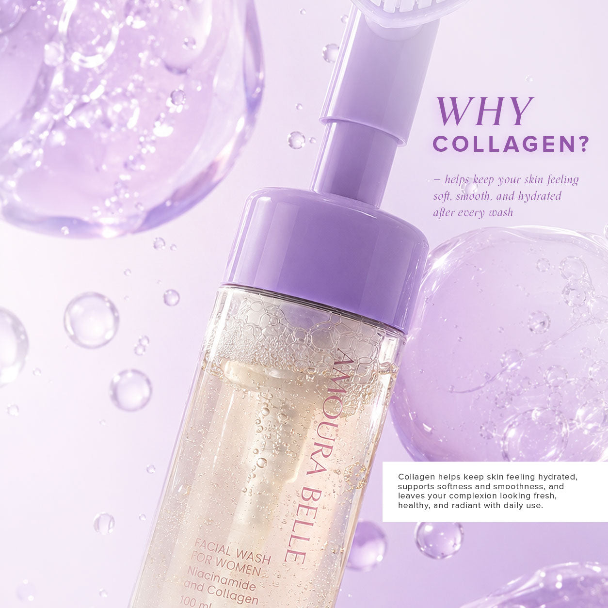 AMOURA BELLE Niacinamide & Collagen Facial Wash for Women 100ml – Gentle Hydrating Brightening Clean