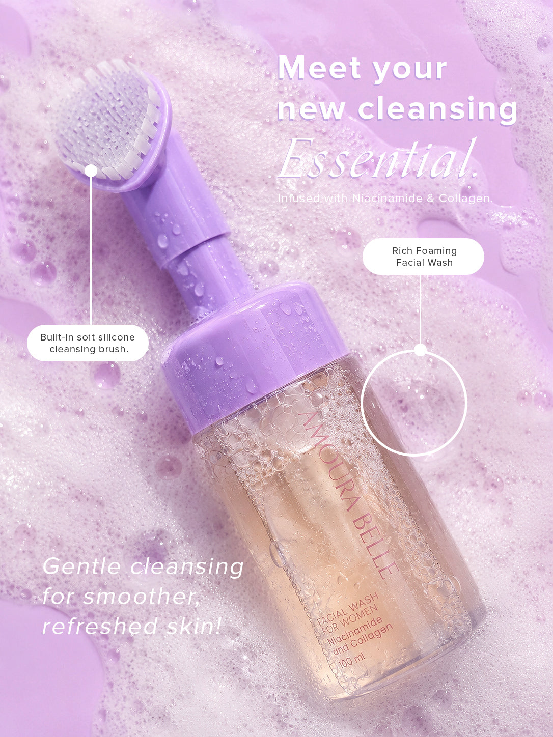 AMOURA BELLE Niacinamide & Collagen Facial Wash for Women 100ml – Gentle Hydrating Brightening Clean