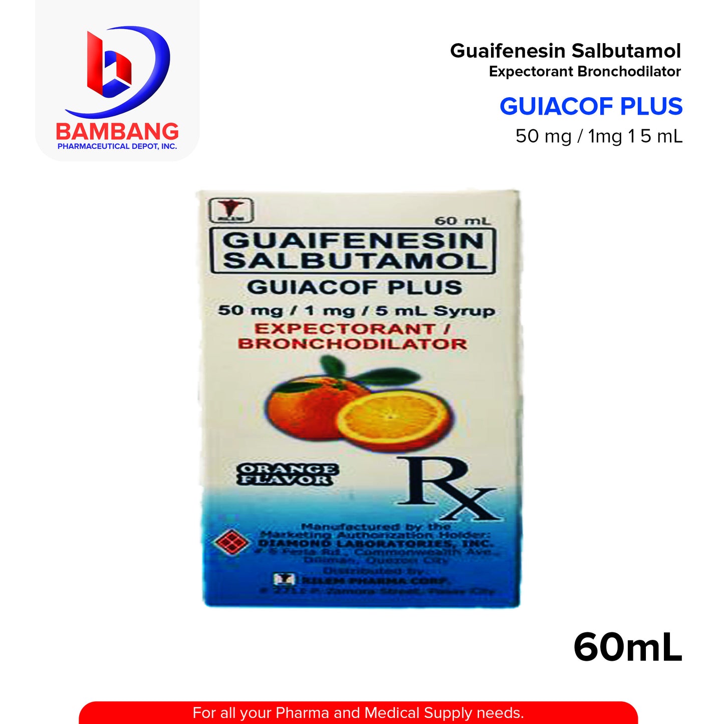 GUIACOF PLUS Guaifenesin Salbutamol 50mg/1mg/5ml Syrup 60ml