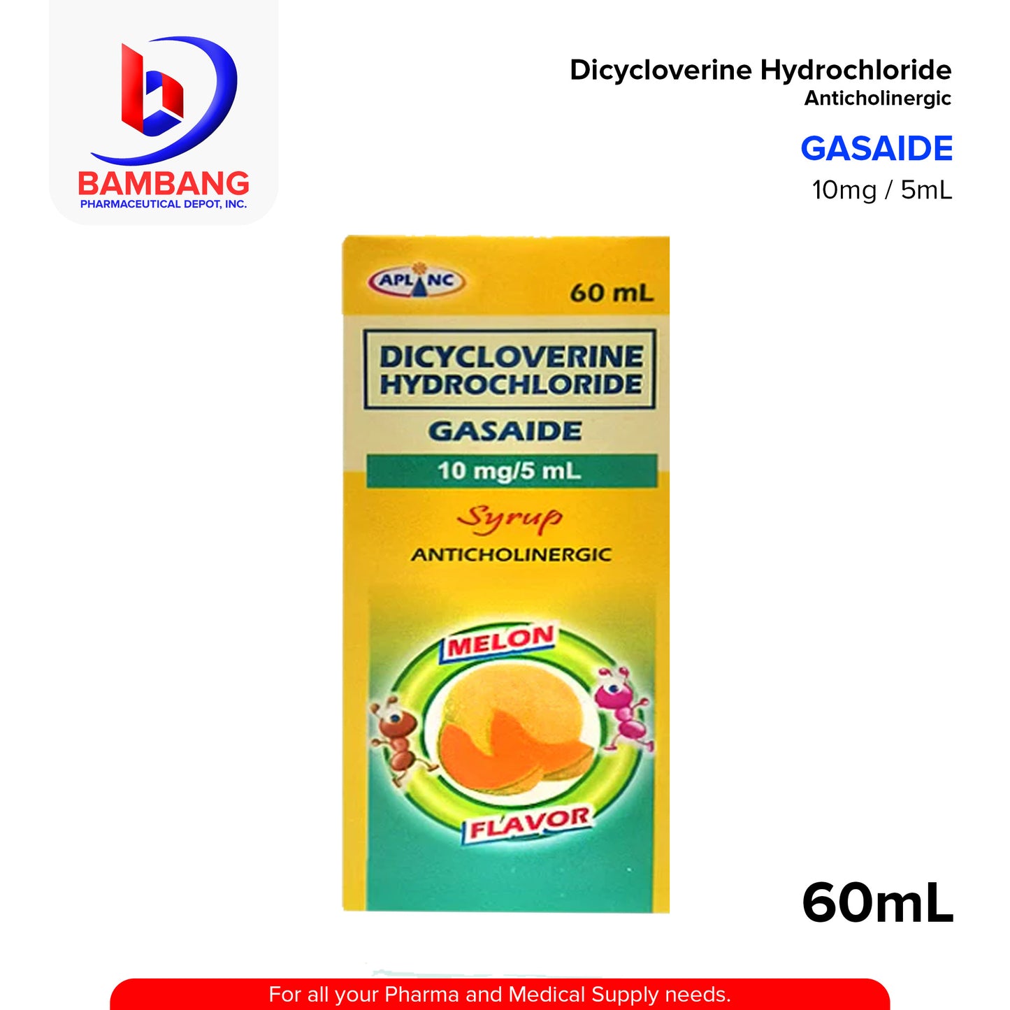 GASAIDE Dicycloverine Hydrochloride 10mg/5ml Syrup Anticholinergic 60ml