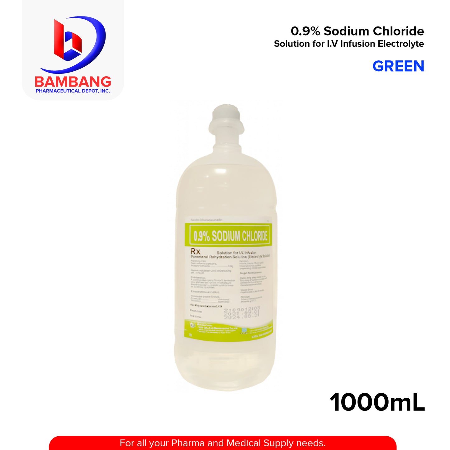 GREEN Sodium Chloride 0.9% Solution for I.V Infusion Electrolyte 1000ml
