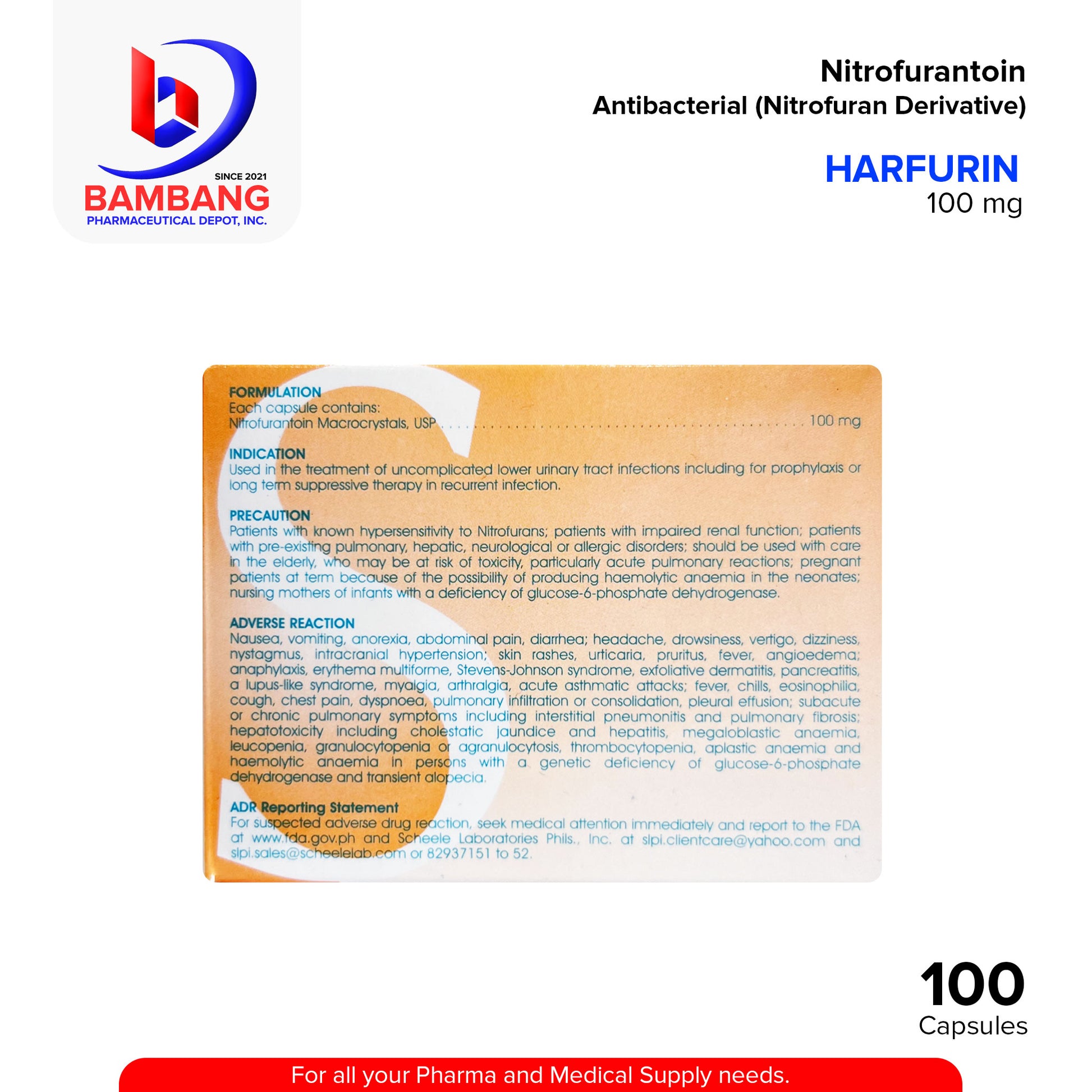 HARFURIN Nitrofurantoin Antibacterial Nitrofuran Derivative 100 mg Capsule 100's
