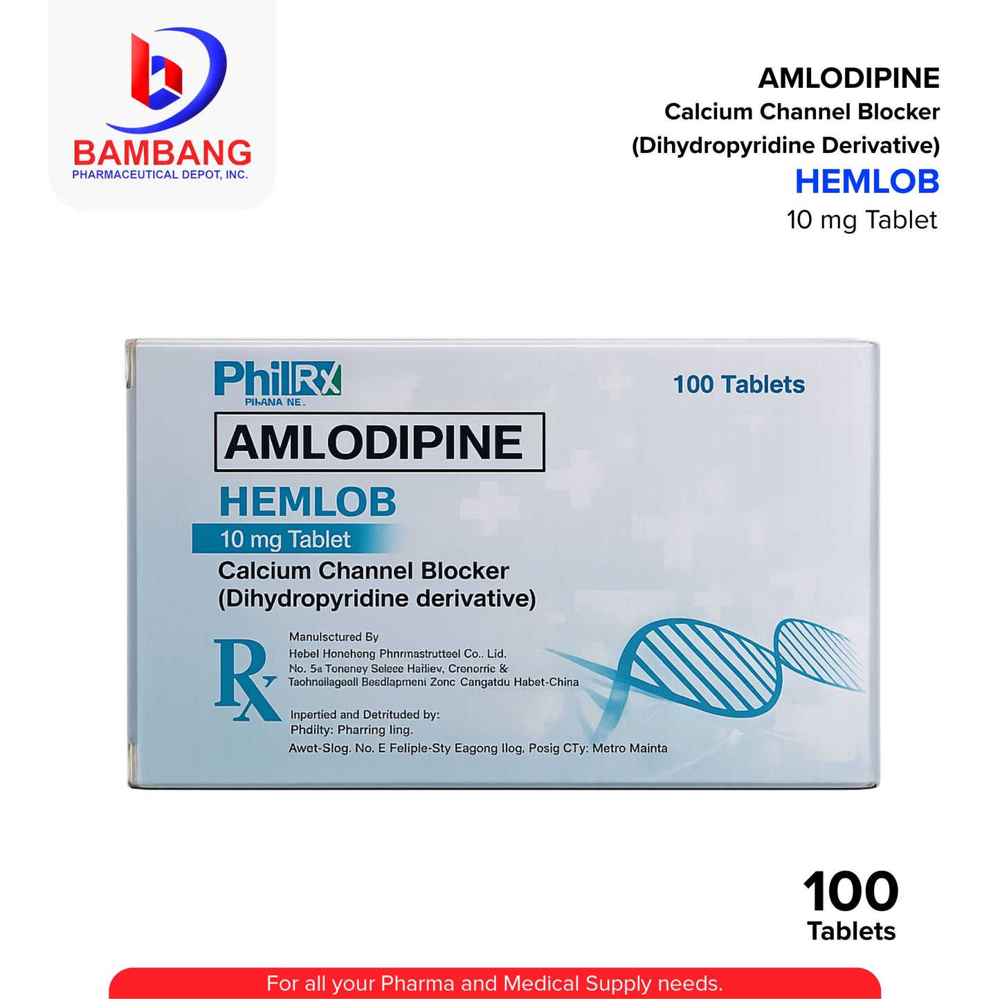 Box of Amlodipine Hemlob tablets with Bambang Pharmaceutical Depot, Inc. logo.