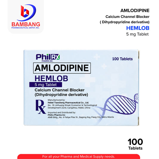 Box of Amlodipine Hemlob 5 mg tablets with Bambang Pharmaceutical logo.