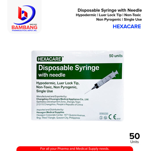 HEXACARE Disposable Syringe with Needle Hypodermic Luer Lock Tip Non Toxic Non Pyrogenic and Single Use Unit 50's