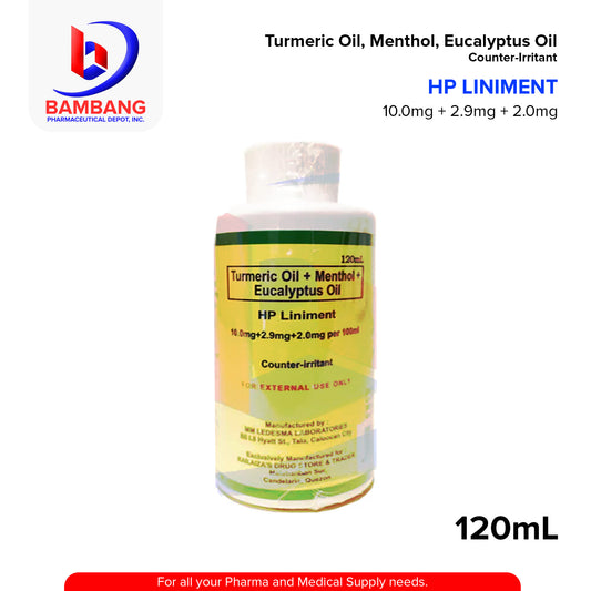 HP LINIMENT Turmeric Oil + Menthol + Eucalyptus Oil 10.0mg/2.9mg/2.0mg per 100ml Counter Irritant 120ml