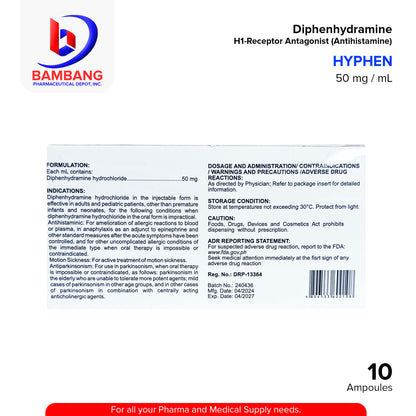 HYPHEN Diphenhydramine HCI 50mg/ml Solution for Injection (IM/IV) 1 ml x 10 Ampoules