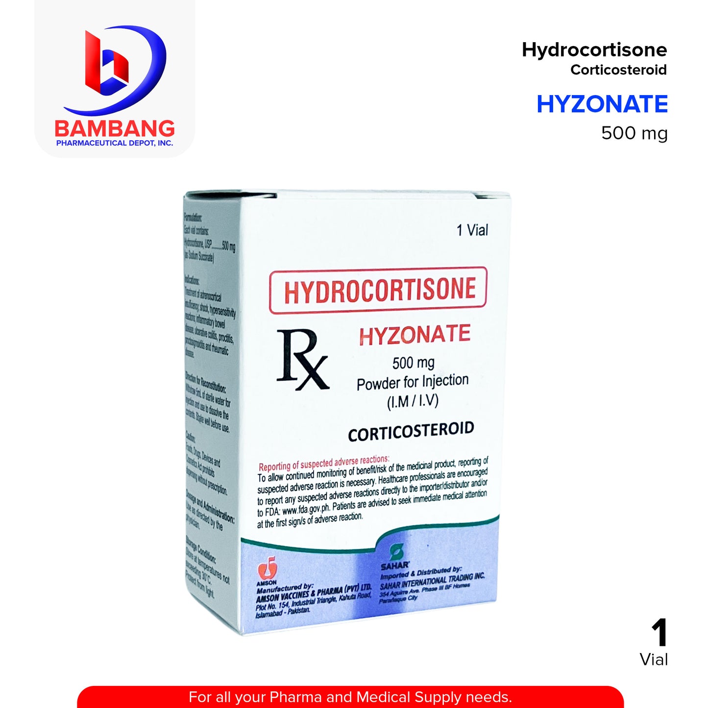 HYZONATE Hydrocortisone 500mg Powder for Injection (IMIV) Vial 1's
