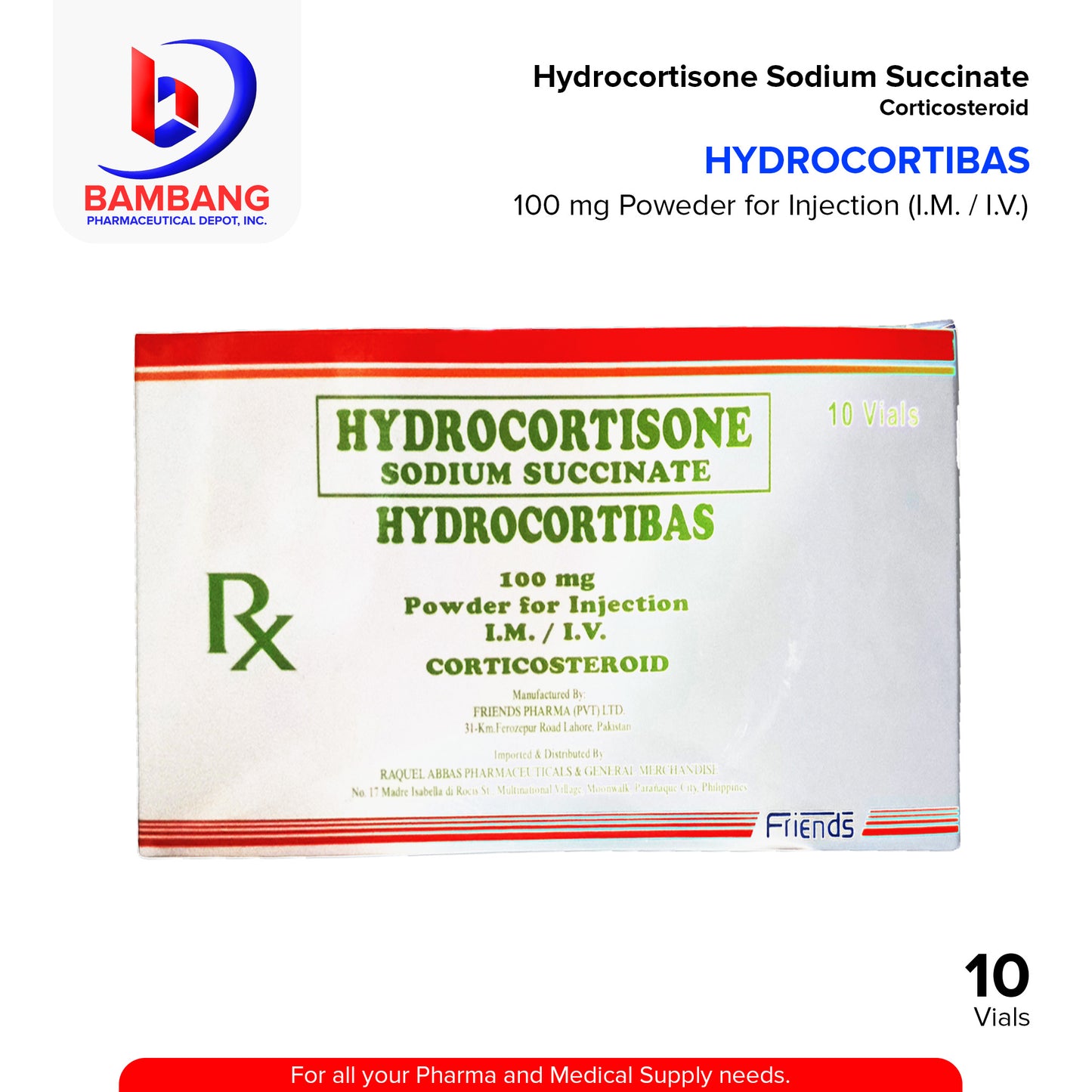 HYDROCORTIBAS Hydrocortisone Sodium Succinate 100 mg Powder for Injection IM/IV Vials 10's