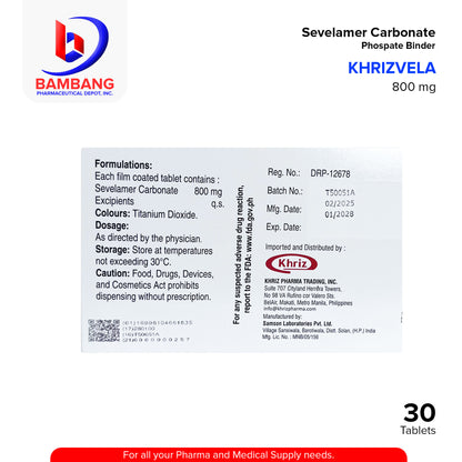 KHRIZVELA Sevelamer Carbonate Phosphate Binder 800 mg Tablet 30's