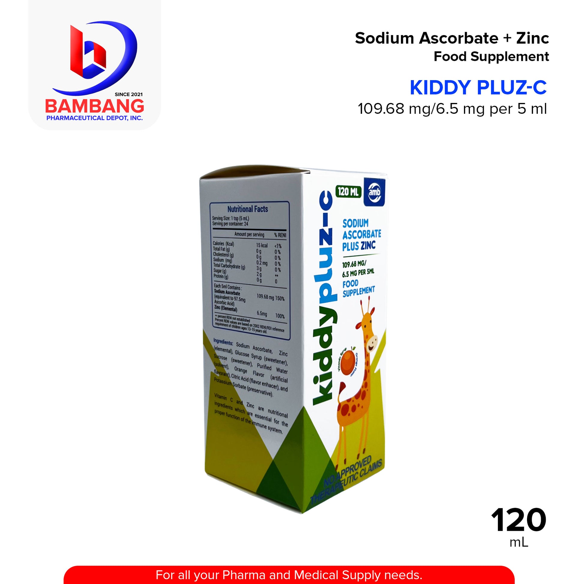 KIDDYPLUZ-C Sodium Ascorbic Plus Zinc 109.68 mg / 6.5 mg Per ML Food Supplement 120mL