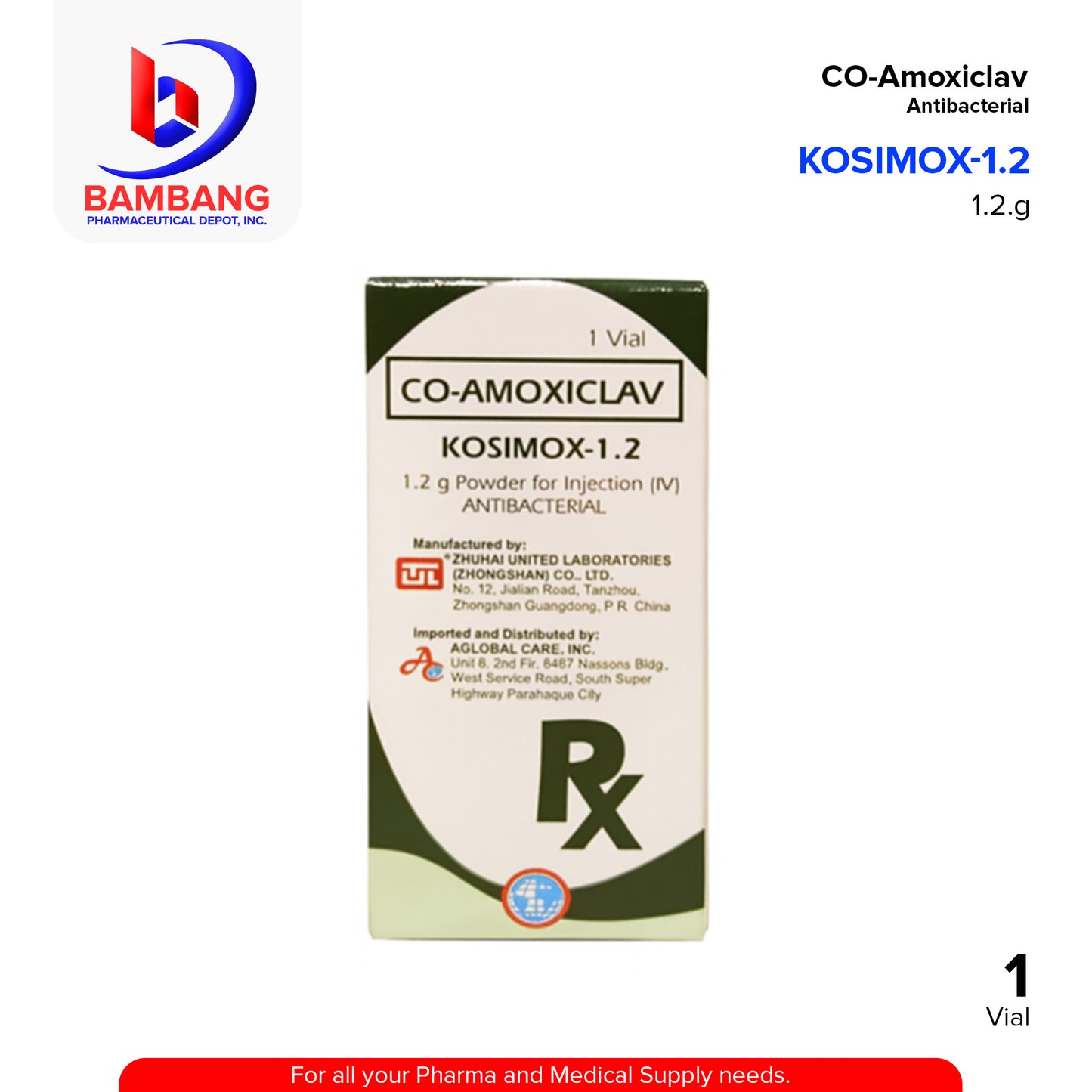KOSIMOX Co Amoxiclav 1.2g Powder for Injection (IV) Antibacterial Vial 1's
