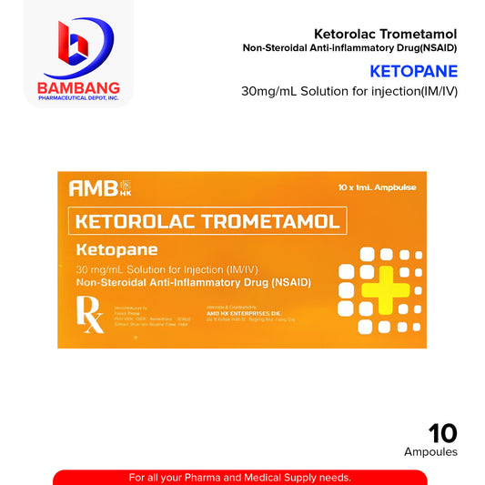 KETOPANE Ketorolac Trometamol 30mg/ml Solution for Injection (I.M/I.V) Non Steroidal Anti Inflamatory Drugs 10 x 1ml Ampoules