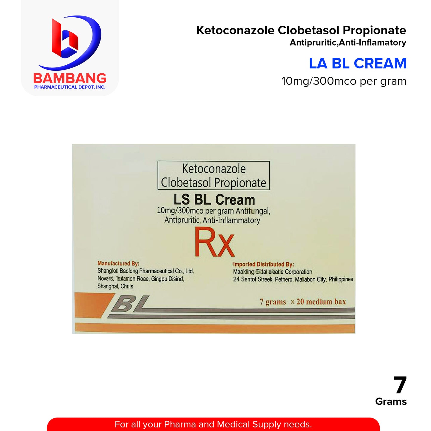 BL Ketoconazole Clobetasole Propionate 10mg/500mcg per Gram Antifungal Cream 7g
