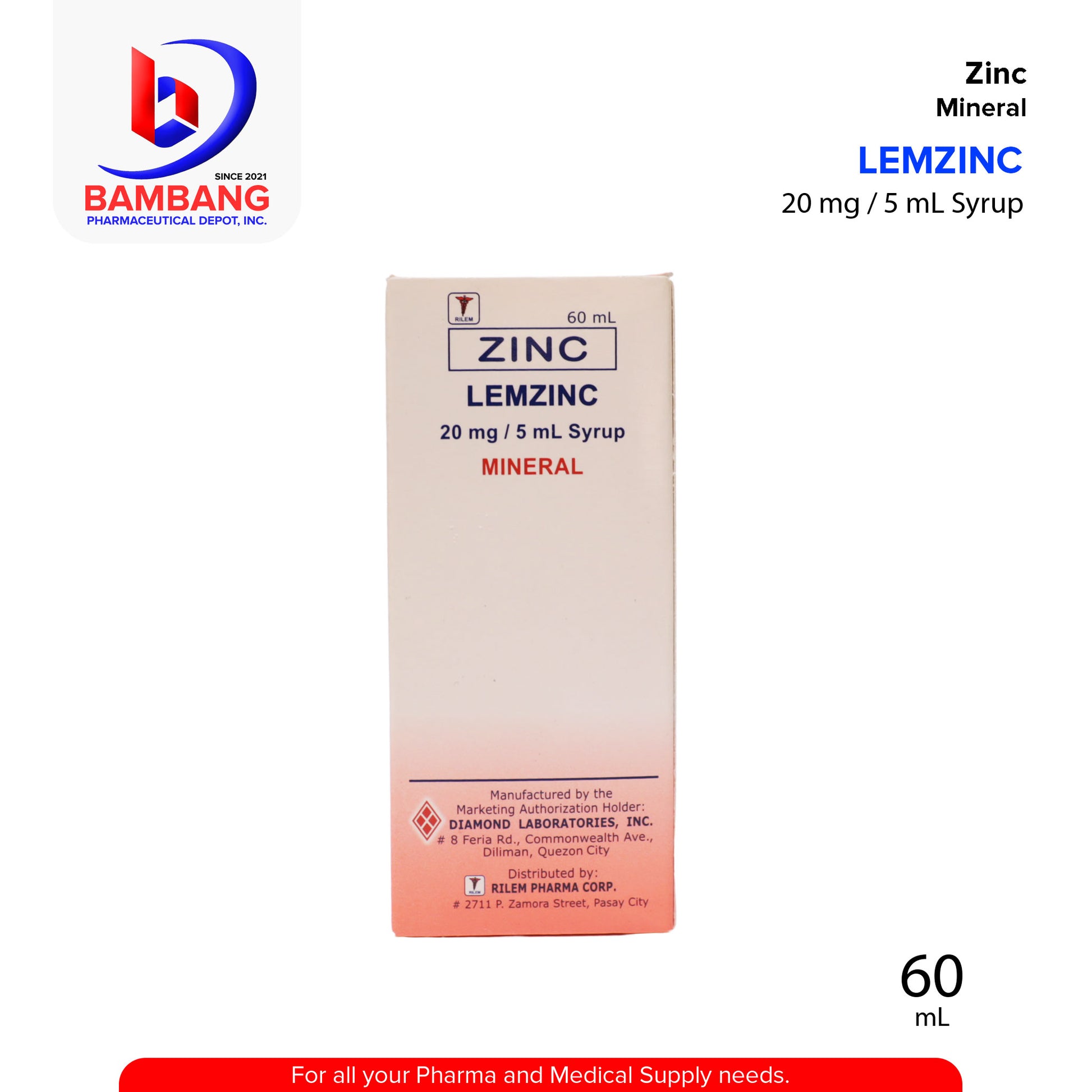 LEMZINC Zinc Mineral Syrup Apple Flavor 20 mg / 5 mL Syrup