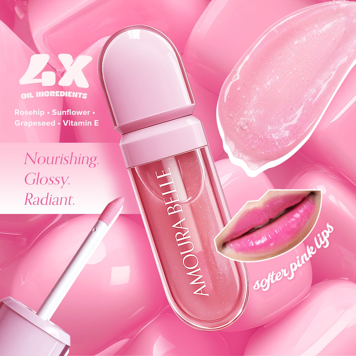 AMOURA BELLE Magic Lip Oil 10ml – Nourishing Glossy Lip Oil with Rosehip, Sunflower & Grapeseed Oils