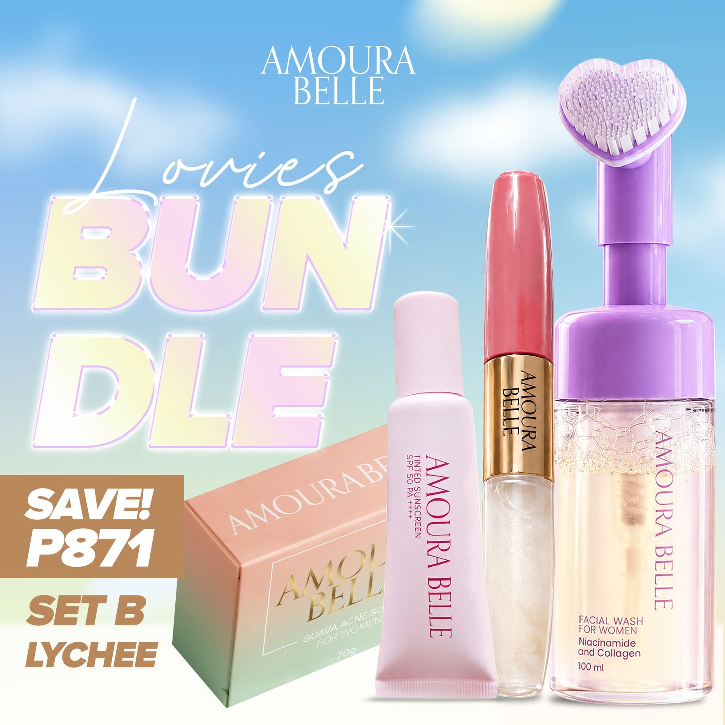 𝗕𝗨𝗡𝗗𝗟𝗘 Amoura Belle Set of Facial Wash Velvet Matte Liptint Tinted Sunscreen + FREE GUAVA Soap