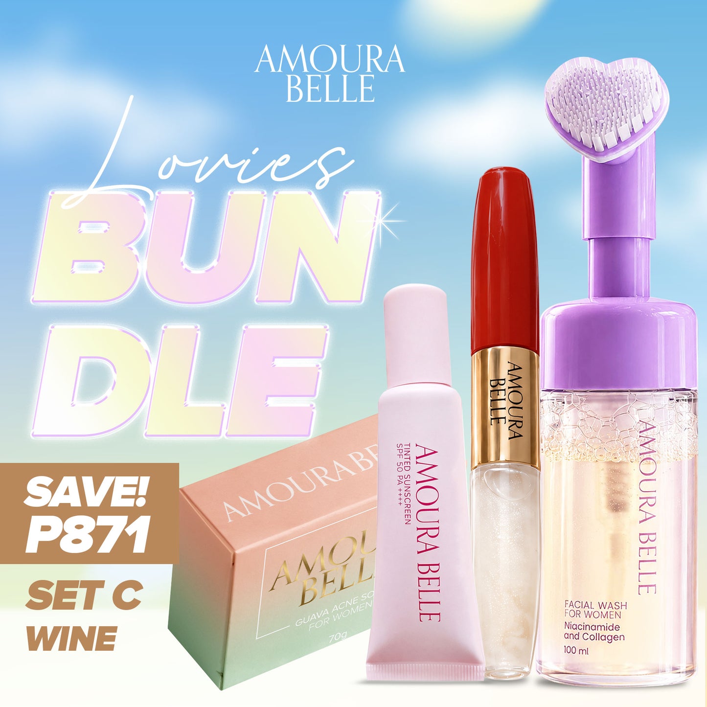 𝗕𝗨𝗡𝗗𝗟𝗘 Amoura Belle Set of Facial Wash Velvet Matte Liptint Tinted Sunscreen + FREE GUAVA Soap