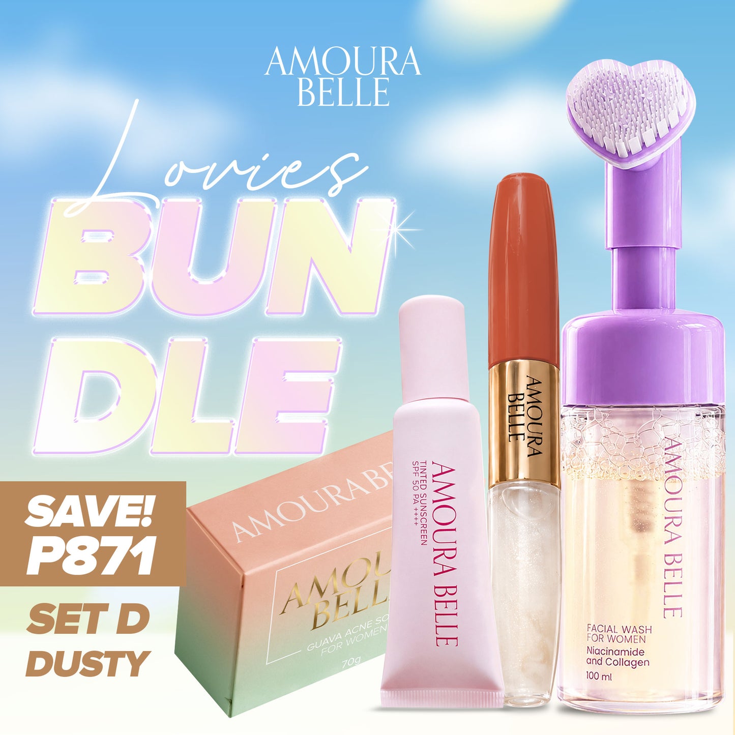 𝗕𝗨𝗡𝗗𝗟𝗘 Amoura Belle Set of Facial Wash Velvet Matte Liptint Tinted Sunscreen + FREE GUAVA Soap
