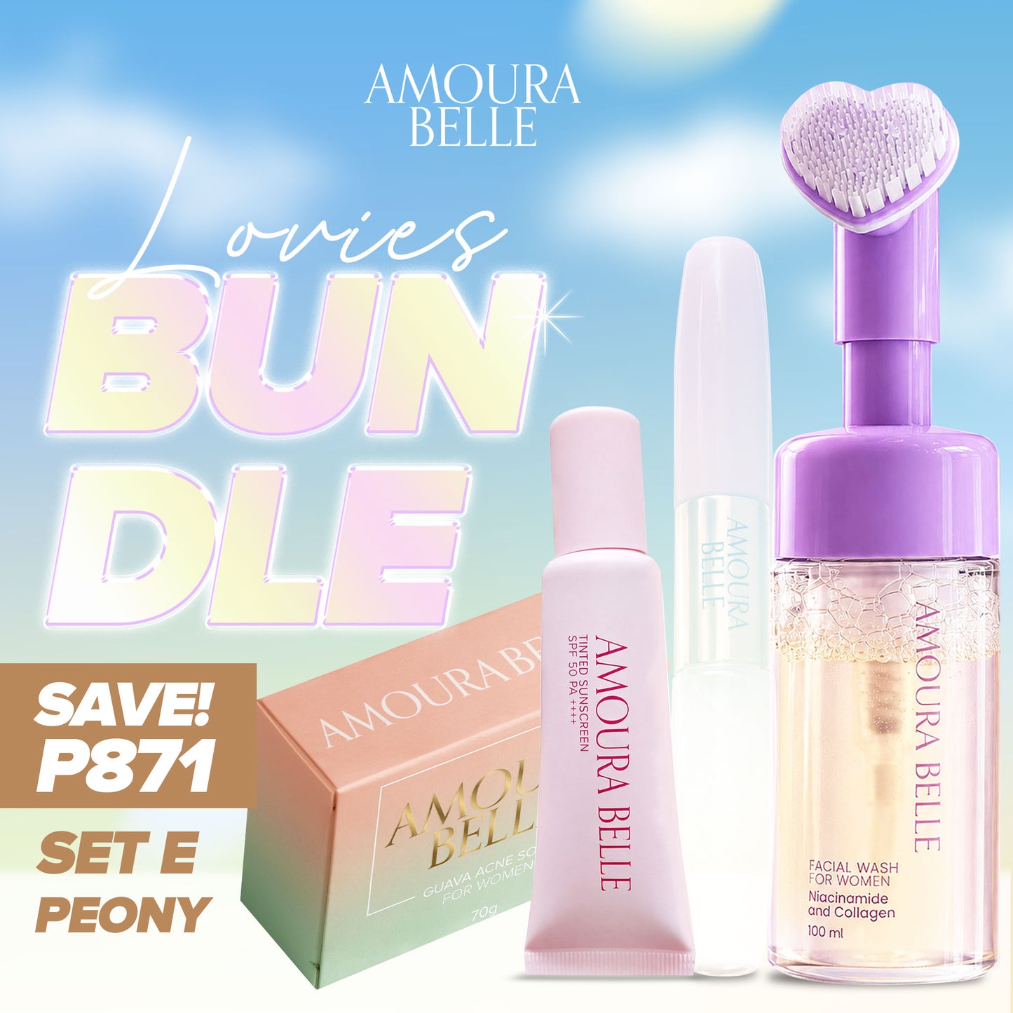 𝗕𝗨𝗡𝗗𝗟𝗘 Amoura Belle Set of Facial Wash Velvet Matte Liptint Tinted Sunscreen + FREE GUAVA Soap