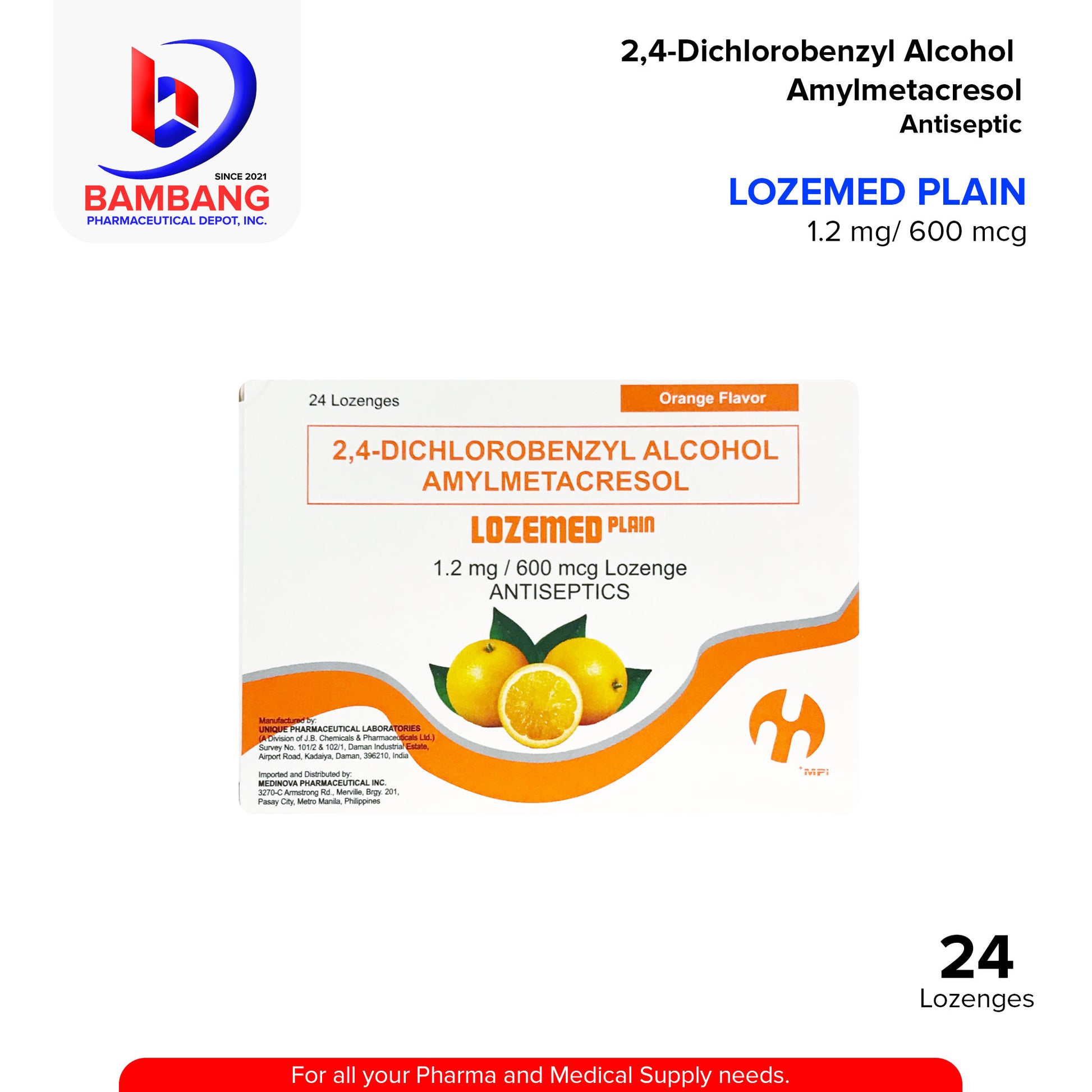 LOZEMED Plain 2,-4 Dichlorobenzyl Alcohol Amylmetacresol 1.2 mg / 600 mcg Lozenge Anticeptics Orange Flavor 24's