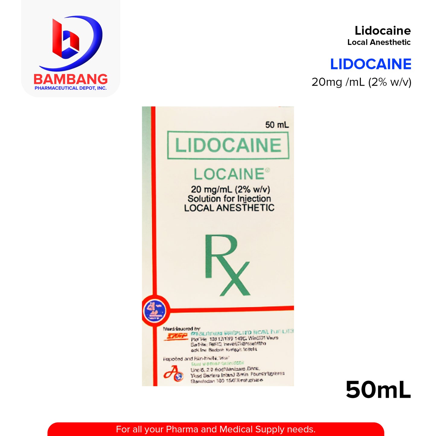 LOCAINE Lidocaine 20mg Solution for Injection 50ml