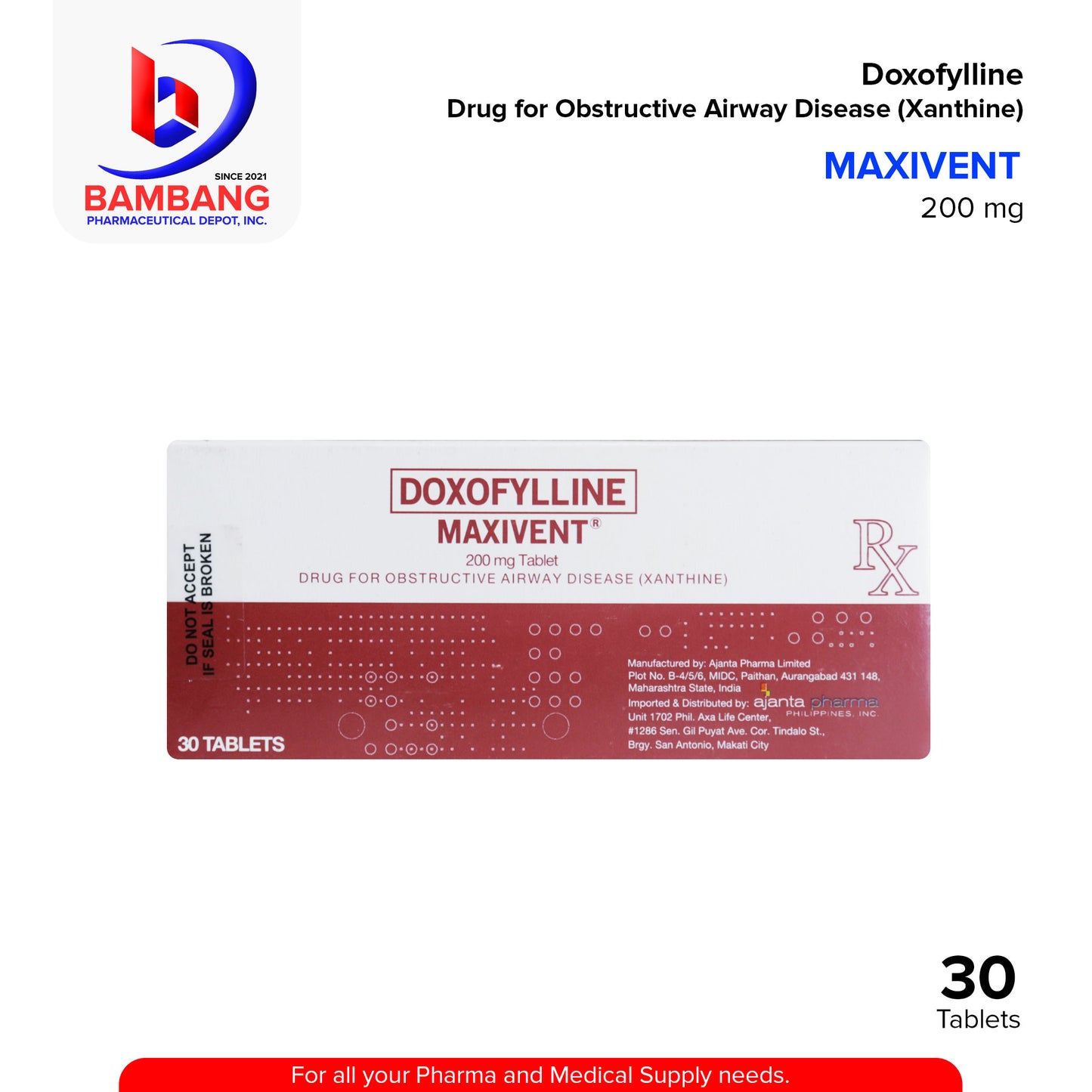 MAXIVENT Doxofylline for Obstructive Airway Xanthine 200mg Tablet 30's