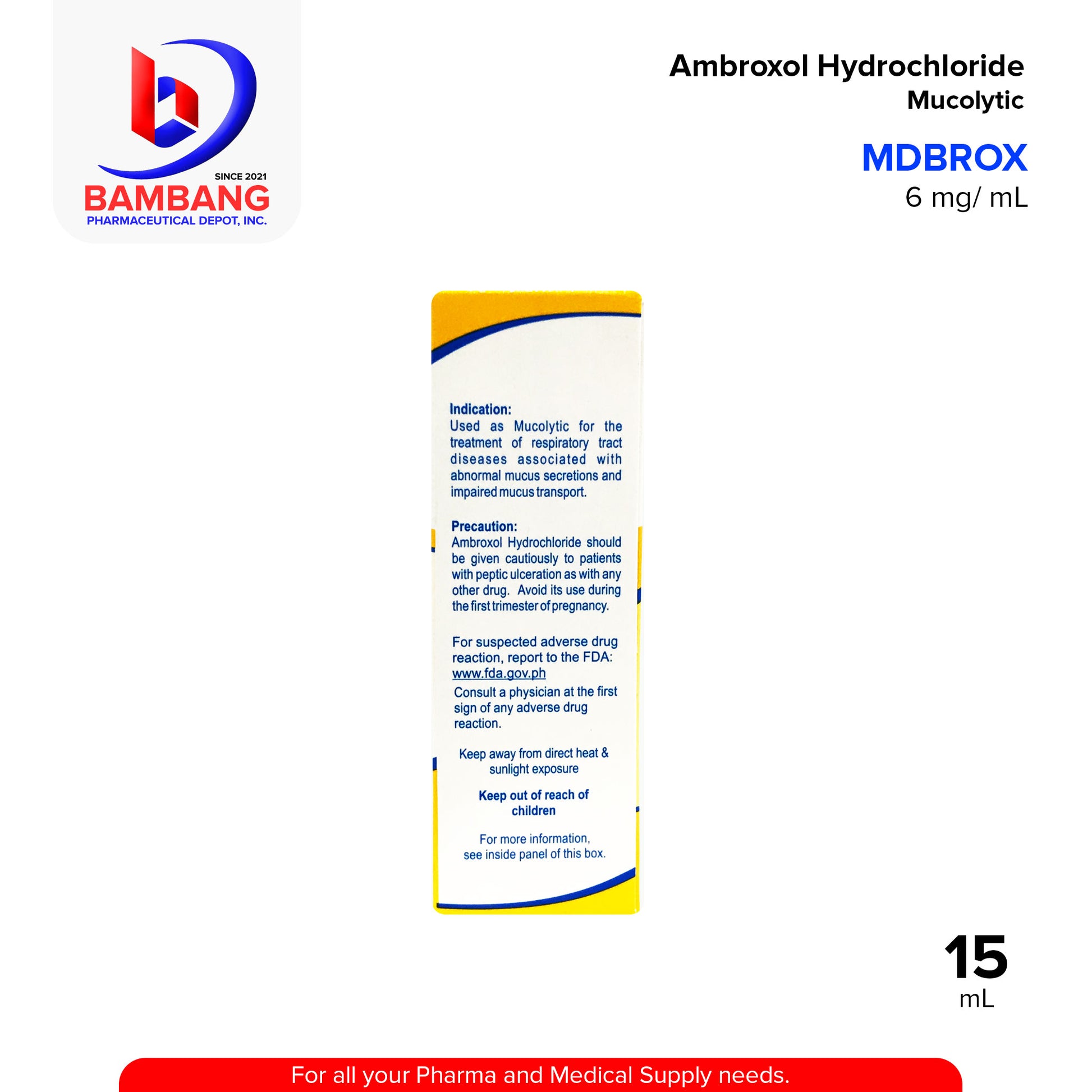 MDBROX Ambroxol Hydrochloride 6 mg / mL Oral Drops Syrup Mucolytic Mango Flavor 15mL
